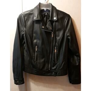 Sears Simply Styled Women’s Black Faux Leather Moto Jacket Sz Small Zip Y2K GUC
